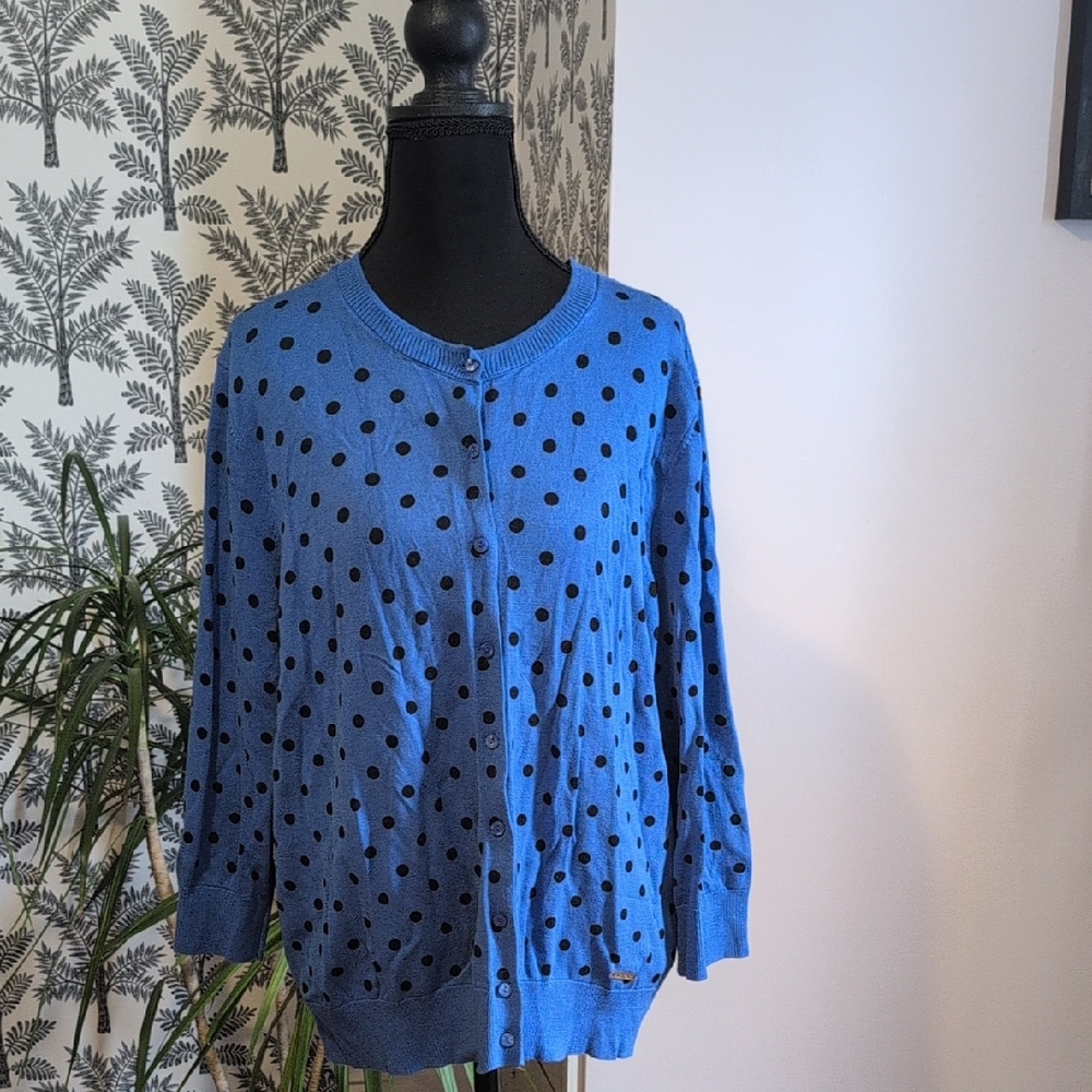 Ellen Tracy Blue and Black Polka Dot Cardigan
